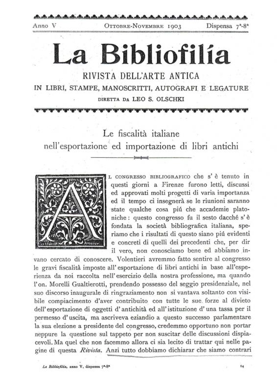 Le fiscalità italiane nell'esportazione ed importazione di libri antichi - Ottobre 1903